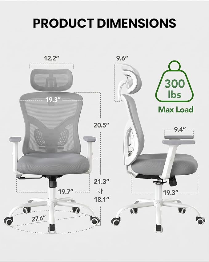 Marsail Ergonomic Office Chair Lumbar Support & Adjustable Armrests, Grey | 2D Headrest, Contoured Seat Cushion, Computer Desk Chair with Wheels for Home and Office