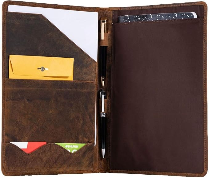 KomalC Leather Portfolio Folder for Men & Women – Professional Business Padfolio Organizer with 2 Pen Holders, Card Slots & Document Sleeve, Vintage Leather Conference Folder 13 x 10 Inch