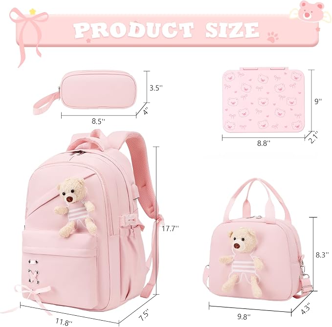ACESAK Backpack for Girls with Bento Box - 4 PCS Cute Girls Backpack with Lunch Box, Pencil Case & Bento Box Set - 43oz Leakproof Lunch Box Kids Snack Containers Set Back to School Supplies (Pink)