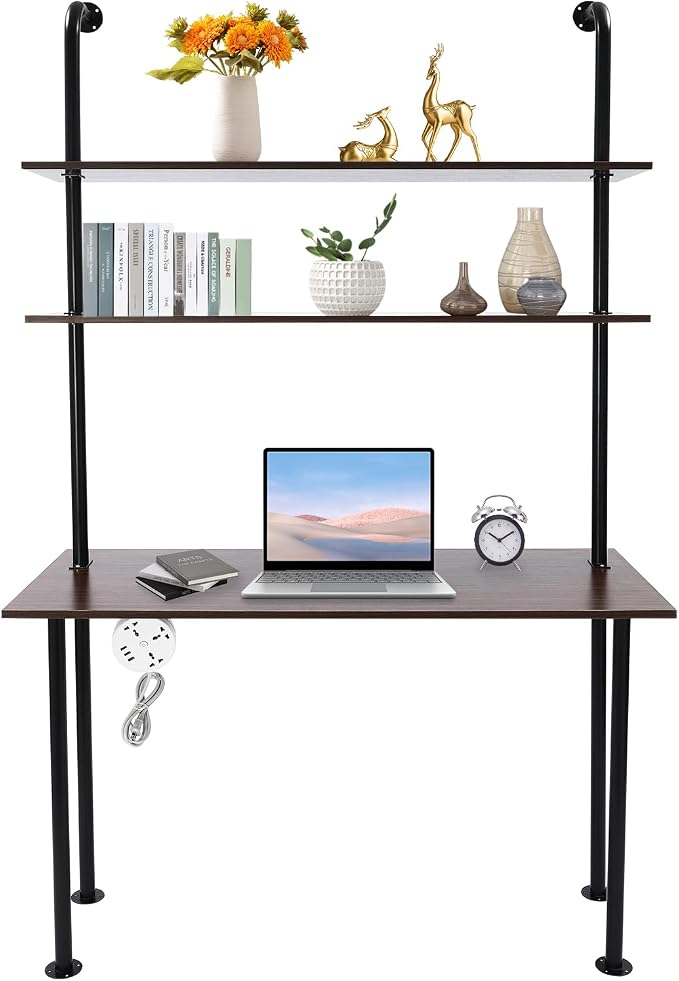 Industrial Wall Mount Desk with Shelves, 3-Shelf Ladder Desk, Computer Writing Table for Small Spaces, Black and Brown Modern Narrow Floating Table with Storage (20" Dx47.2 Wx79 H)