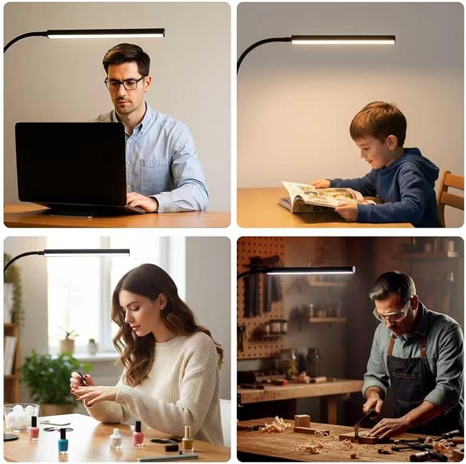 LED Desk Lamp with Clamp, 5 Color Modes & 10 Brightness Levels, Eye-Caring Desk Light, Flexible Gooseneck, Memory Function, Adapter Included for Home Office, Reading & Study