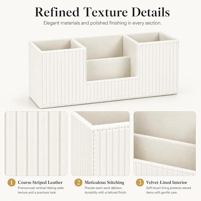 GORESE Pen Organizer for Desk, PU Leather Office Pen Holder, Ivory White | 4-Compartment, Vegan Leather, Office Supplies, Desk Caddy Nightstand Organizer for Pen, Pencil, Remote Control, Business Card