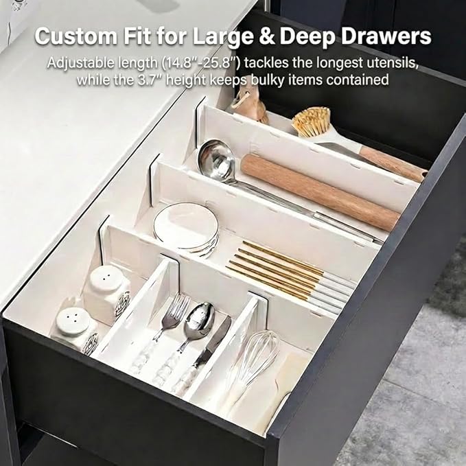 Extra Long Drawer Dividers (14.8"-25.8"), 3.7" Tall Deep Drawer Organizer for Kitchen Utensils, Bedroom Dresser & Large Clothes - 6-Pack Adjustable Separators