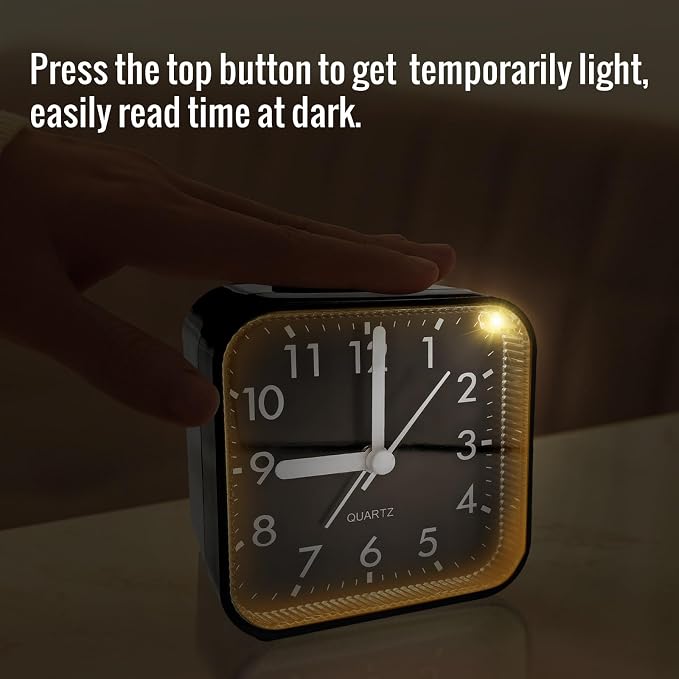 Lamisola Small Analog Alarm Clock for Bathroom, Black Travel Clock, Battery Operated, Quieter Bedside Dial Clocks for Bedrooms Kitchen, Shelf Desk Clock