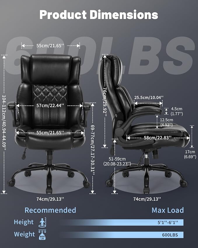 600LBS Large Heavy Duty Office Chair, Big and Tall Office Chair for Heavy People, Executive Desk Chair with Lumbar Support, Computer Desk Chairs with Flip Up Arm