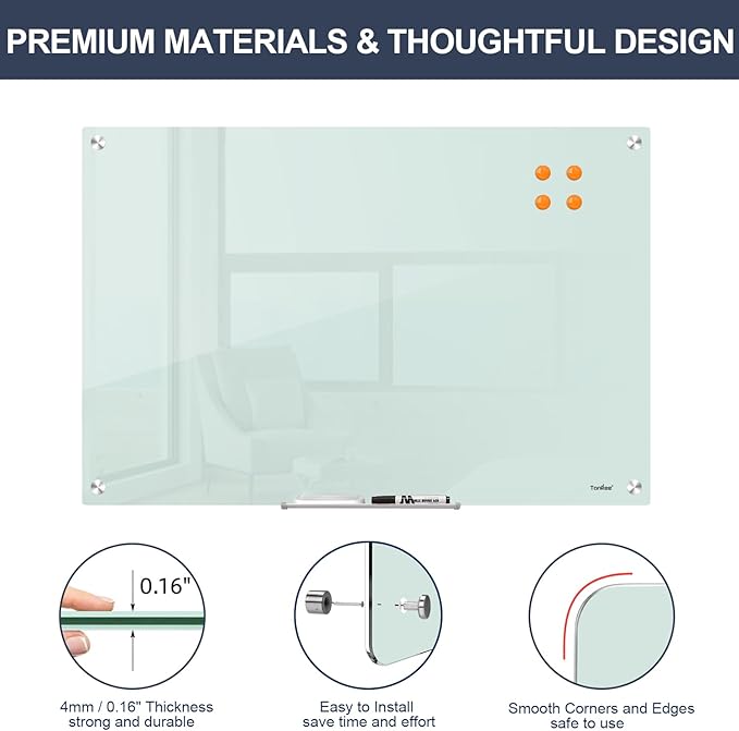 Glass Whiteboard Dry Erase Board - TANKEE Magnetic Glass White Board 36 x 24 Inches, Modern Large Frameless White Board for Wall, Office, Home, School, with Marker Tray, 3' x 2'