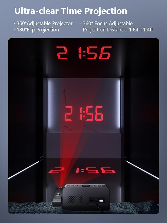 Projection Clock for Bedroom Ceiling, Alarm Clock with Battery Backup | 350° Red Projector, White LED Display, Dual Alarms, 4 Alarm Modes, 5-Level Dimmer, Temp & Humidity, Snooze, USB Charging