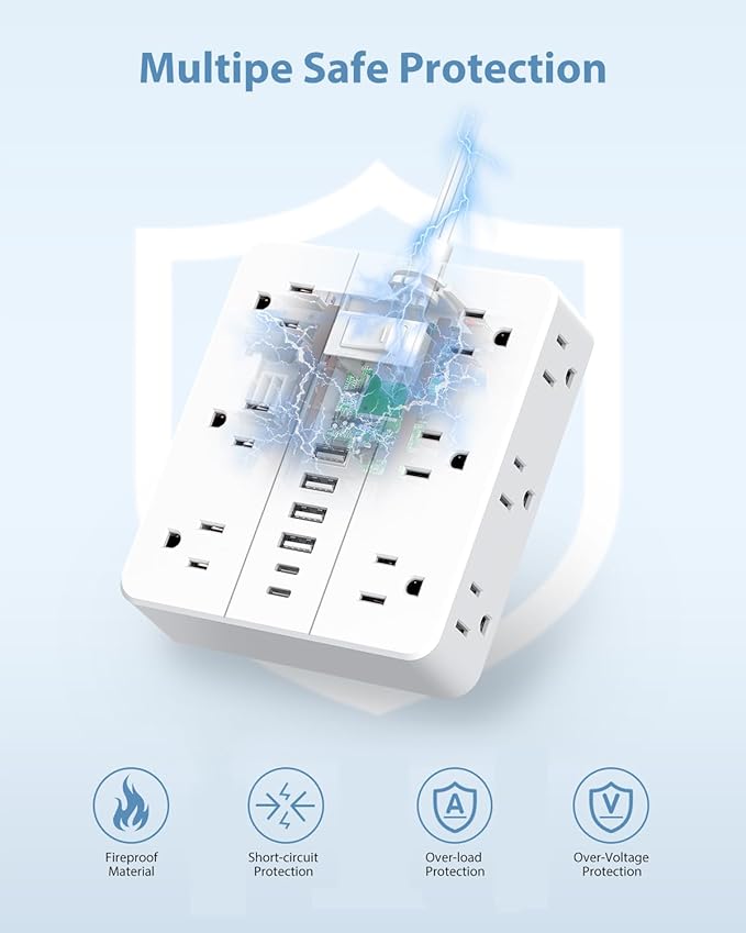 Power Strip Flat Plug with 12 Outlets 6 USB(2 USB C),SMNICE Power Strip Charging Station with Overload Protection,5ft Extension Cord Widely Spaced Multiple Outlets for Home Office Dorm Essentials