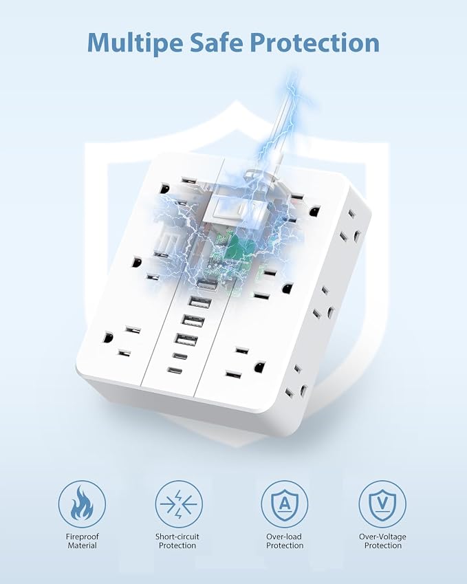 Power Strip 15 Ft Extension Cord, 12 Widely Spaced Outlets 6 USB (2 USB C) Ports, Ultra Thin Flat Plug Power Strip for Home, Office, Dorm Room Essentials