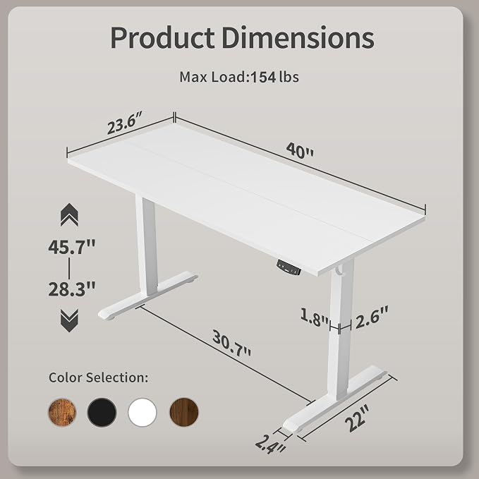 Agilestic Electric Standing Desk, 40 x 24 Inches Height Adjustable Desk, Sit Stand up for Work Office Home, Ergonomic Rising Computer Table with Memory Preset, White