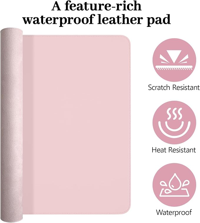 Pink Leather Desk Pad Large Mouse Pad, 35.4"x17" | Waterproof Desk Mat for Keyboard and Mouse, Non-Slip Computer Desk Protector, Smooth Mouse Control for Home Office