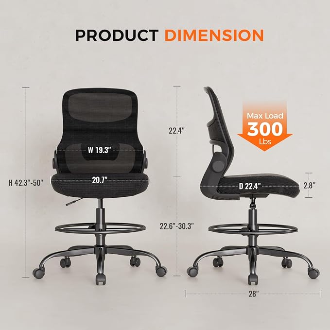 Armless Drafting Chair, Tall Office Chair for Standing Desks | A foot ring steadies legs through crafting and studio projects; breathable lumbar mesh and silent casters fit compact spaces.
