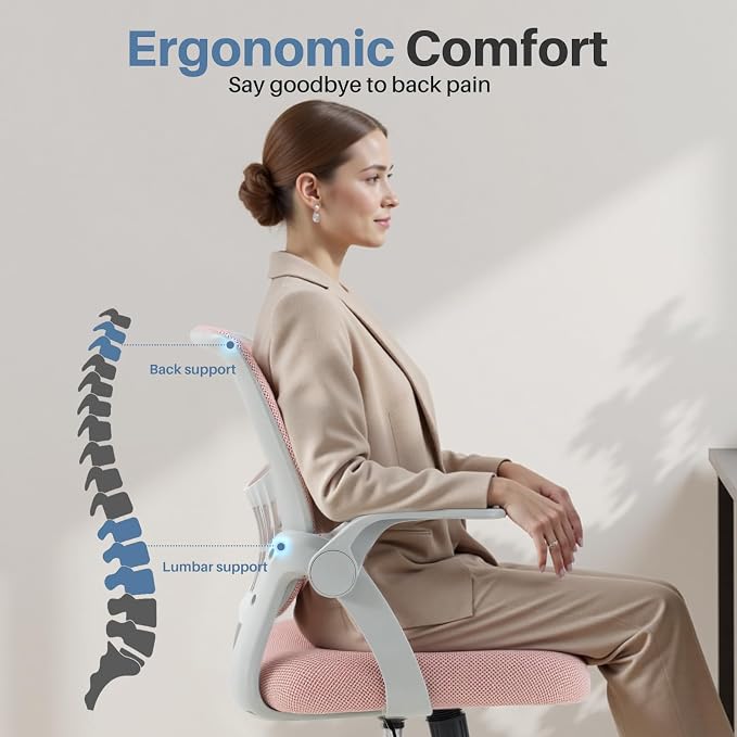 Sweetcrispy Home Office Managerial Executive Chair, Flip Up Armrest Ergonomic Mesh Adjustable Swivel Mid-Back Computer Desk Chair with Comfortable Lumbar Support, Comfy Arms for Bedroom,Study