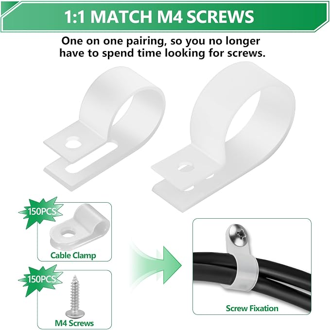 290 Pcs White R-Type Nylon Cable Clamps with M4 Screws Kit | Good Ductility, Fireproof, 6 Sizes (3/16'' 1/4'' 3/8'' 1/2'' 3/4'' 1''), 145pcs M4 Screws, for TV/PC/AC Cables & Wires.