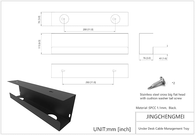 Under Desk 17 inch Wide Cable Management Tray | Steel Power Strip Holder, Cord Organizer, Wire Management Tamers for Office and Home, Black (UDCMT17In, Black)