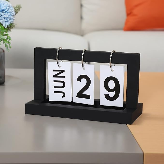 Perpetual Flip Desk Calendar- Small Cute Office Desktop Calendar with Memorial Day Tracking - Classic Black