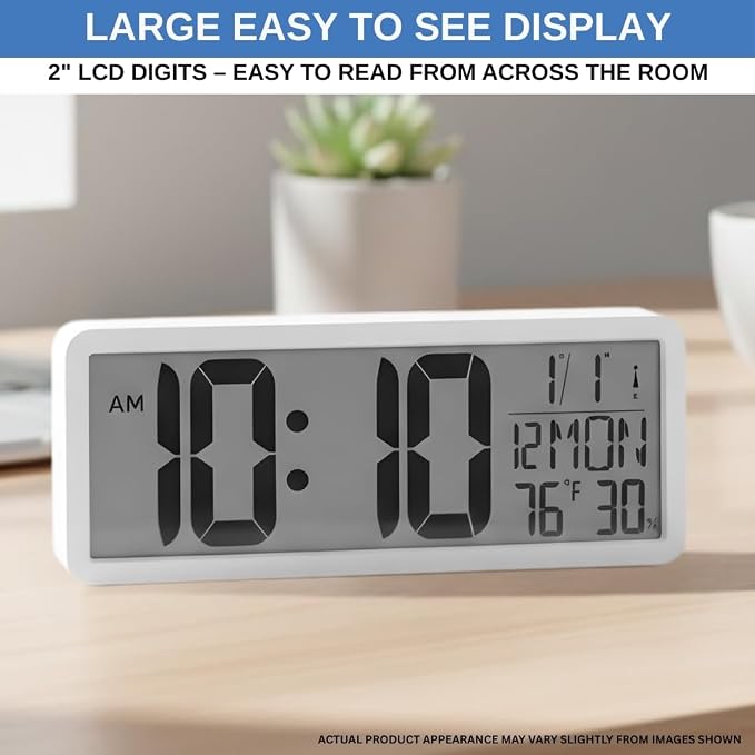 Atomic Digital Wall Clock Battery Operated Large Display | Automatic Time Setting with Day Date Temperature Humidity Alarm 12/24 Hour | Wall Or Desk Clock for Home Office Seniors