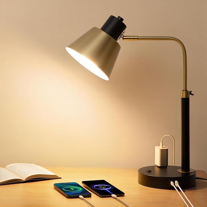 Desk Lamp with USB-C, USB-A & AC Outlet, Adjustable Metal Desk Lamp with 340° Swivel Lamp Head, Heavy Duty Table Lamp for Home Office, Bedroom & Reading, Black with Brass Accents (Bulb Not Included)