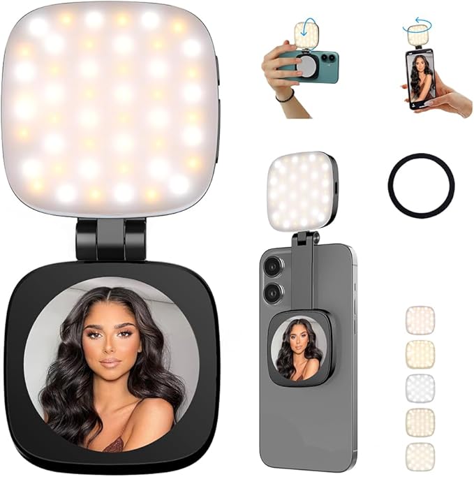 MagSafe Magnetic Selfie Light with Mirror for iPhone – Rechargeable LED Fill Light, CRI≥95, 5 Color Temps, Foldable Portable Ring Light for Vlog, Makeup, Back‑Camera & Video Recording，Photography