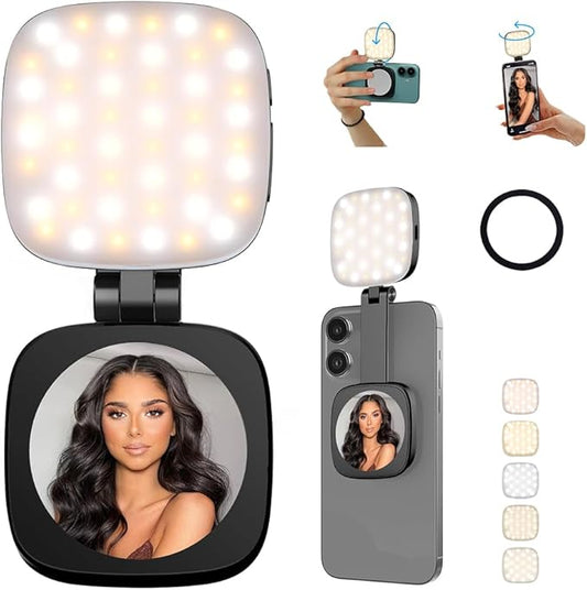 MagSafe Magnetic Selfie Light with Mirror for iPhone – Rechargeable LED Fill Light, CRI≥95, 5 Color Temps, Foldable Portable Ring Light for Vlog, Makeup, Back‑Camera & Video Recording，Photography