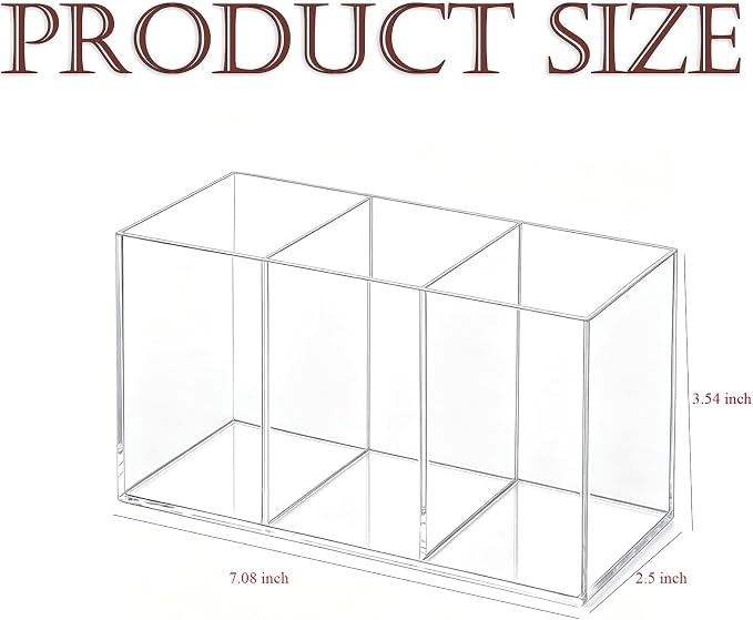 Acrylic Desk Organizer with 3 Compartments, Clear Pen Holder for Pencils and Markers, Makeup Brush Caddy for Vanity, Multi-Purpose Utensil Holder for Kitchen or Office Supplies