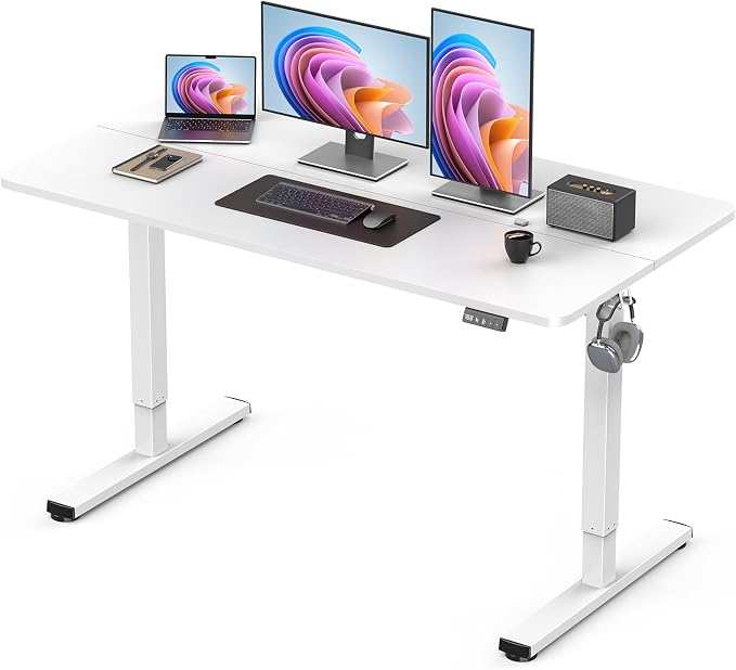 48" Electric Standing Desk Adjustable Height, Sit Stand up Desk for Home Office & Computer Workstation, 2 Memory Height Settings, Splice Board, 2 Hooks, White Frame/White Top
