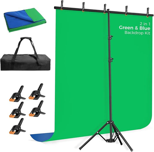 EMART Blue Green Screen Backdrop Kit with Reverse Folding Base, 5x6.5ft Portable T-Shape Backdrop Stand with 2-Sided Reversible Background for Photography, Zoom, Streaming and Studio Video Recording