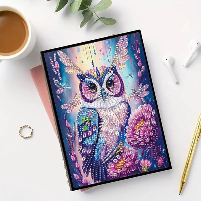 FRANDEK A5 50-Page DIY Owl Diamond Art Painting Notebook with Beautiful Patterns, Special Shaped Diamond Art Craft for Beginners Adults Gift