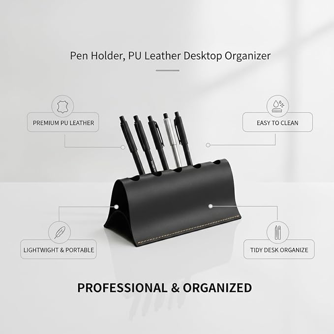 Sleek Elongated PU Leather Pen Caddy, Minimalist Desktop Organizer for Office Desk Supplies