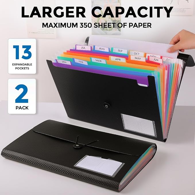 SKYDUE 2Pack Expanding File Folder, Accordion File Organizer with 13 Pocket | Accordion Folder with Labels for A4/Letter Sized Paper, Document Receipt Organizer for Office, School, Home