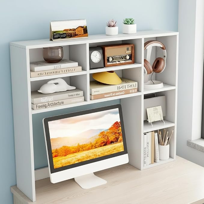 Tangkula Desktop Bookshelf, 37" Countertop Storage Hutch with 7 Cubes & 3 Adjustable Shelves, 3-Tier Desk Display Rack Organizer, Multipurpose Wood Desktop Hutch for Dorm Home Office (White)