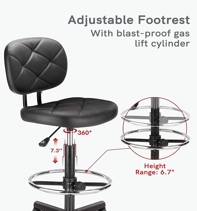 KLASIKA Tall Drafting Rolling Stool Chair with Low Back Support and Adjustable Foot Rest Ring Set of 4 PU Leather Vinly Wide Seat Swivel Standing Desk Chair for Office Home 4 Pack