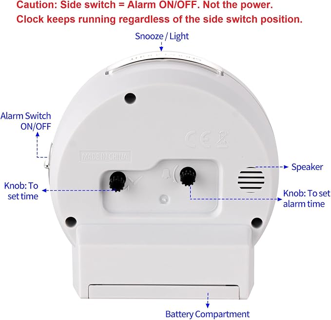 Tinload 4.3" No Ticking Analog Alarm Clock,Silent Readable for Seniors,Easy to Set,Gradual Rise Alarm,Big Numbers,On/Off Switch on Side,Gentle Wake,Snooze,Lighted on Demand,Battery Operated,White