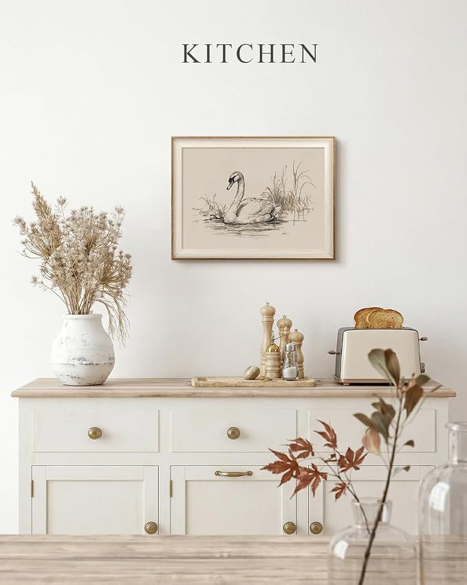 VIYYIEA Framed Wall Art for Living Room, Elegant Swan Pencil Sketch Canvas Prints, Minimalist Vintage Animal Nature Theme Home Decor, Bedroom Office Bathroom Aesthetic, 12x16 Inch