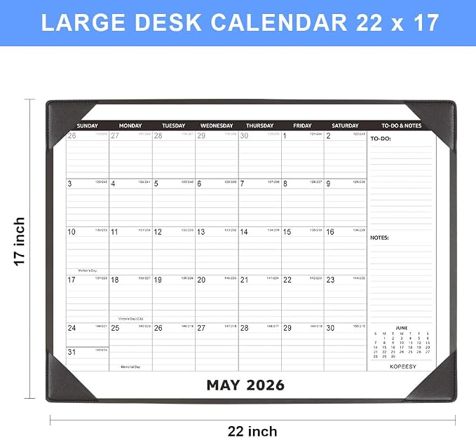 Large Desk Calendar 2026-2027 with Desktop Mat, KOPEESY 22" x 17" Desktop Calendar, 18 Mouths From March 2026 to August 2027, Office Supplies Desk Blotter Calendar for Home School and Office