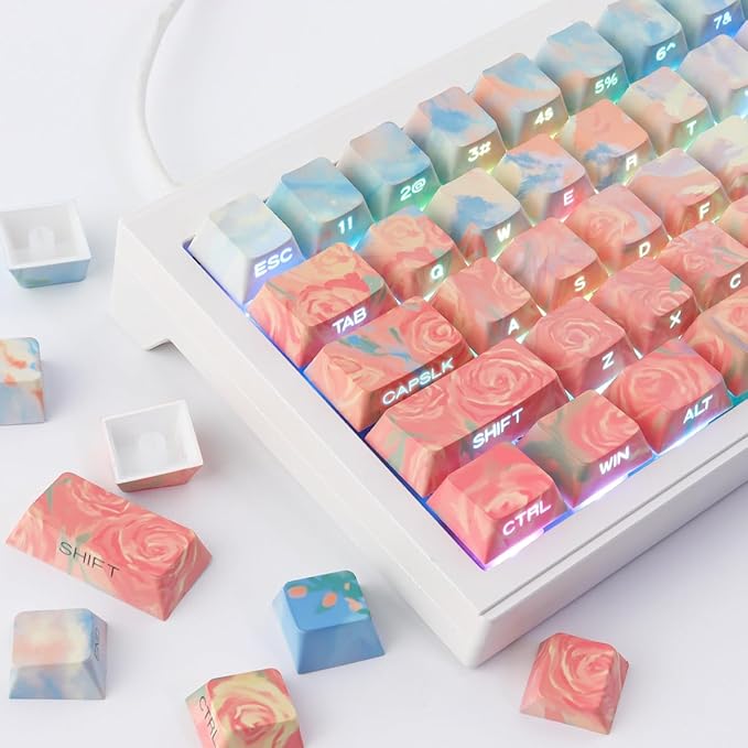 Tsungup Rose Pastel Keycaps,Side Print Custom Keyboard Keycap Set | Cherry Profile，135 Keys，Shine Through，PBT Keycaps for 60%65%75%100% Cherry Gateron MX Switches Mechanical Keyboard