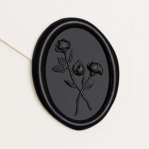 UNIQOOO Wax Seal Stickers - 3D Flower Oval Shape Wedding Invitation Envelope Seal Stickers, 50 Pcs Self- Adhesive Black Stickers, Perfect for Invitation, Christmas, Gift Wrapping
