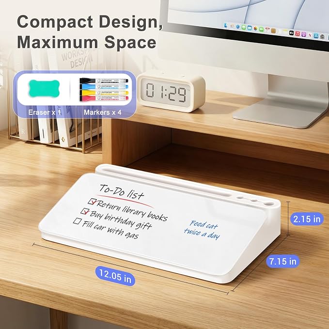 WALGLASS Small Desktop Whiteboard with Storage, Glass Desk Dry Erase White Board Computer Keyboard Stand with Drawer, Desk Organizers with Accessories for Office, Home, School Supplies White