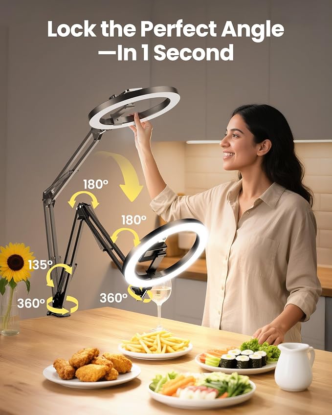 Pro Bright Overhead Ring Light with Clamp for Desk, Plug-in Powered for Stronger Lighting, Flexible Arm Phone Mount for Video, Cooking, Crafts & Livestream (18W)