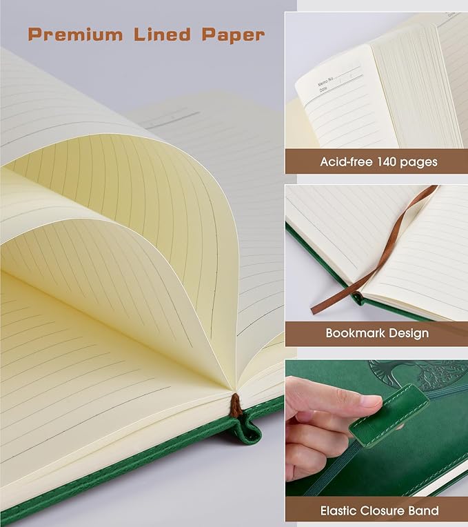 Lined Journal Notebook for Women Men, A5 Hardcover Green Vintage Leather Journals for Writing, College Ruled Notebooks for School Business Work Travel Daily Diary Notepad, 140 Pages, 5.7"×8.3"