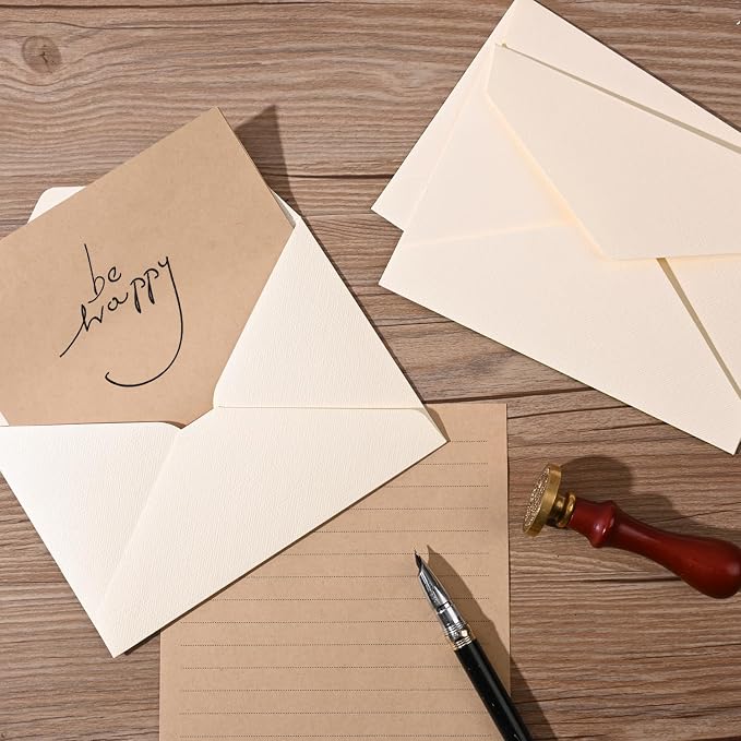 48 Pieces Stationery Set with Envelopes (24 Kraft Paper Sheets + 12 Linen Texture Envelopes+12 Wax Seal Stickers), Stationery Letter Writing Paper Set for Love Letters and Party Invitations (White)