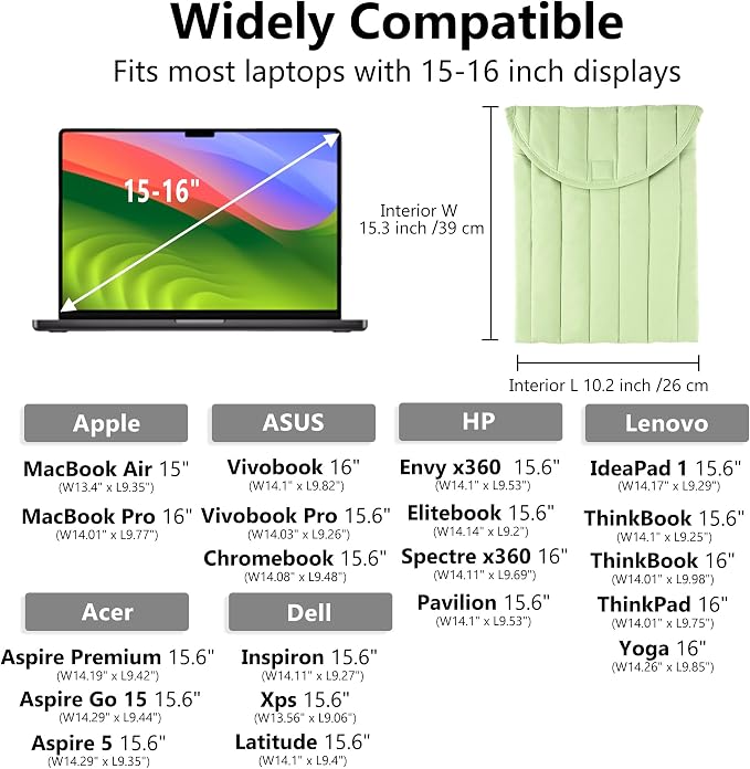 Puffy Laptop Sleeve 15-16 Inch Mint Green, Protective Carrying Case for Men and Women, Cute Case Bag Compatible with 15 Inch and 16 Inch Laptops, for MacBook Air M2 M1, Asus/Dell Xps/Lenovo in Cover