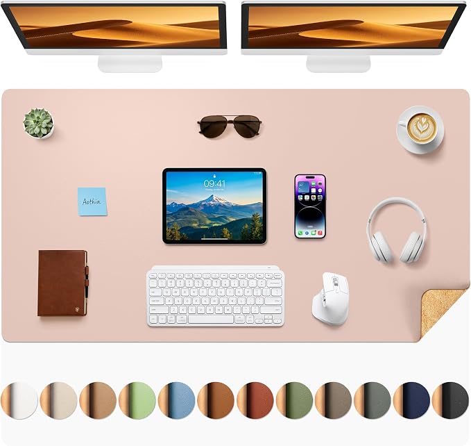 Aothia Cork Desk Mat - Dual-Sided XL PU Leather Desk Pad & Full Desk Protector, Large Waterproof Desktop Mat for Office & Gaming (47" x 23.6", Pink)