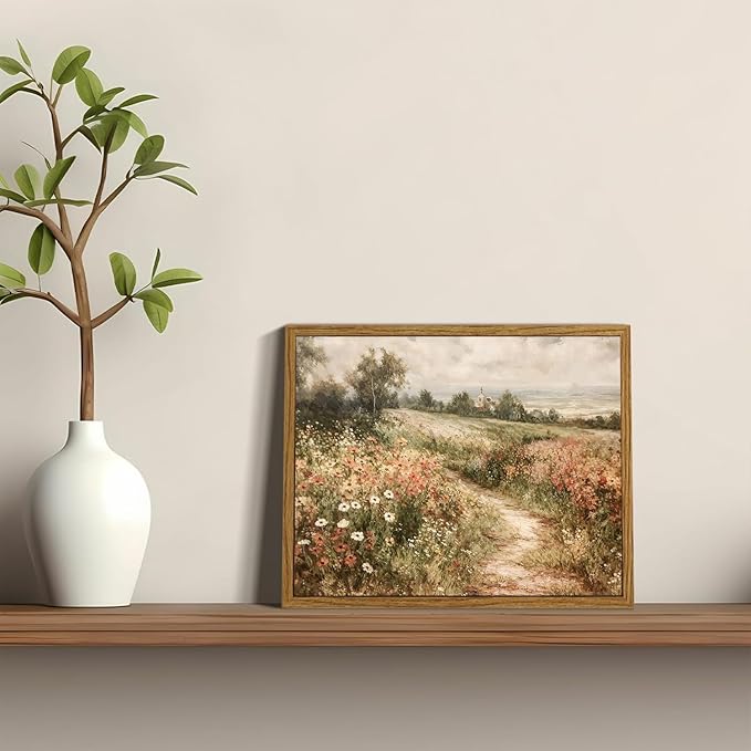 OIQArtOIQ Framed Canvas Wall Art,Vintage Decor,Landscape Nature Country Wildflower Paintings Cottagecore Pictures Modern Artwork Rustic Fall Flower Prints Farmhouse Office Living Room Bedroom Bathroom