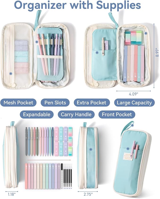 Four Candies 39 PCS Aesthetic Stationery Set with Cute Pen Case, College Supplies and Nursing Student Essentials, 12 Pastel Highlighters, 5 Black Gel Pens, 6 Mechanical Pencils, Blue