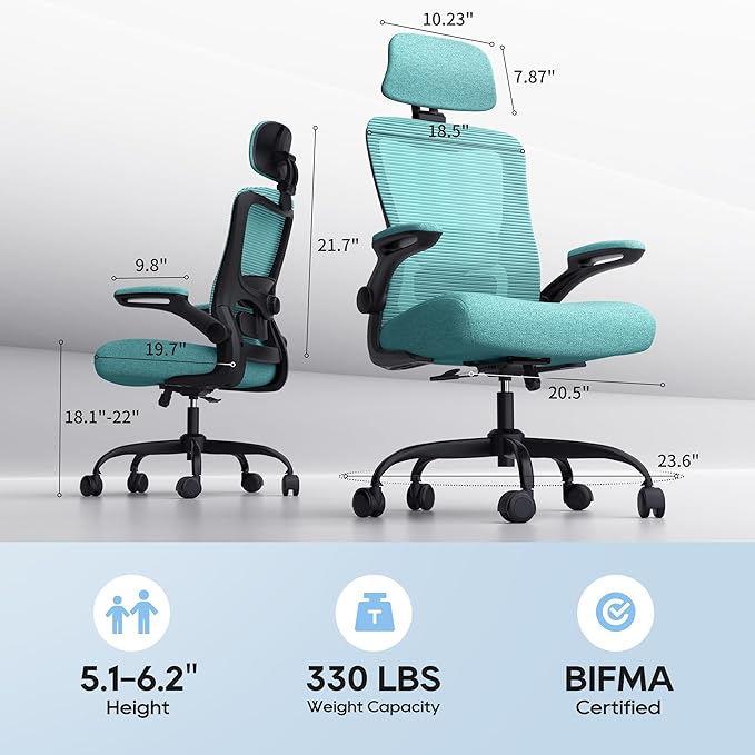Ergonomic Office Chair, High Back Mesh Desk Chair with Adjustable Lumbar Support & Headrest, Flip-up Armrest, Computer Task Chairs for Home and Executive Office (B-Green)