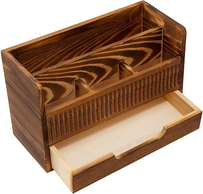 Rustic Brown Wood Desktop Stationery Organizer Mail Sorter Office Supplies Multiple Compartments Bottom Storage Drawer Wooden Caddy Pencil Holder Pen Scissors Tabletop Home Studio Workstation