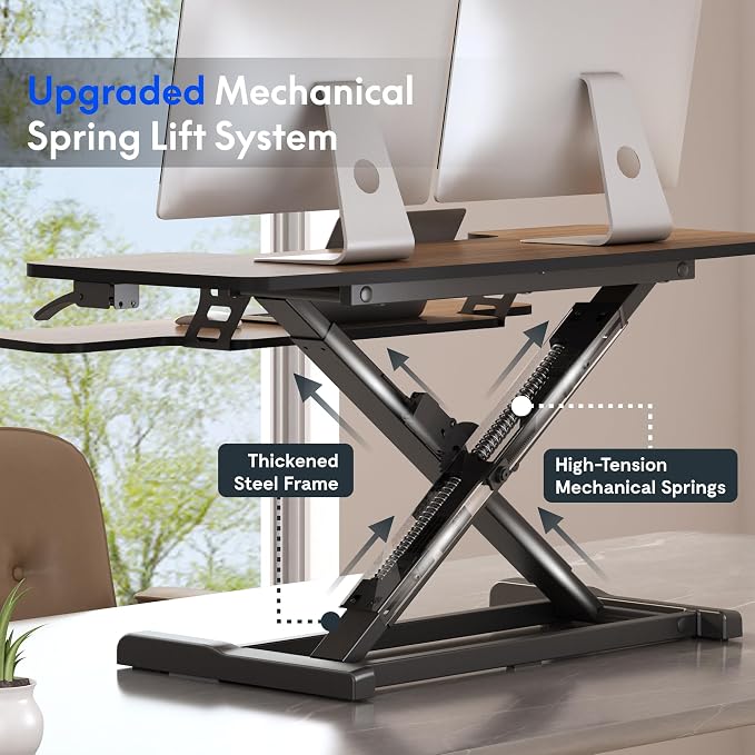 FLEXISPOT Standing Desk Converter 42" Premium Large Desk Riser for Triple Monitor, Spacious Desktop Sit Stand Workstation with Ergonomic Height Adjustment, Modern Stand Up Desk Riser, Walnut