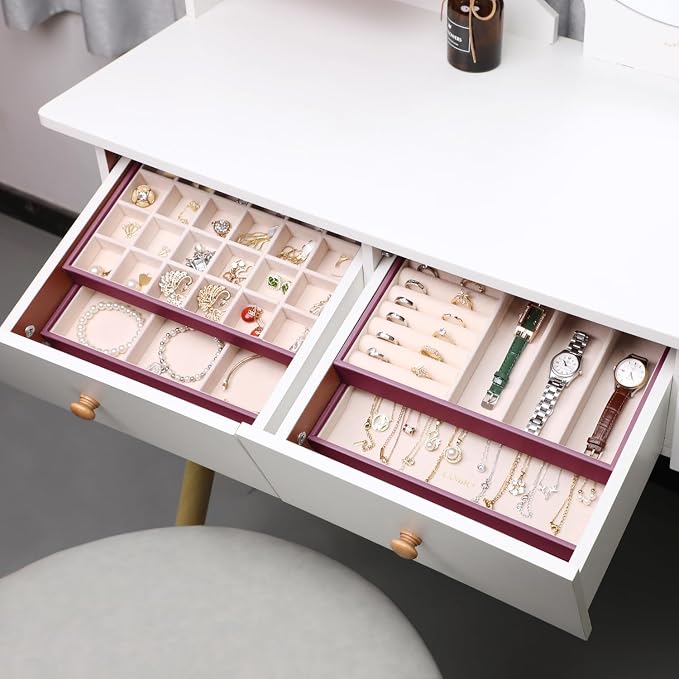 LANDICI Stackable Jewelry Organizer Trays 4 Set,PU Leather Jewelry Organizer Drawer,Jewelry Storage Display Tray for Earring Necklace Rings Bracelet with Removable Dividers,Purple