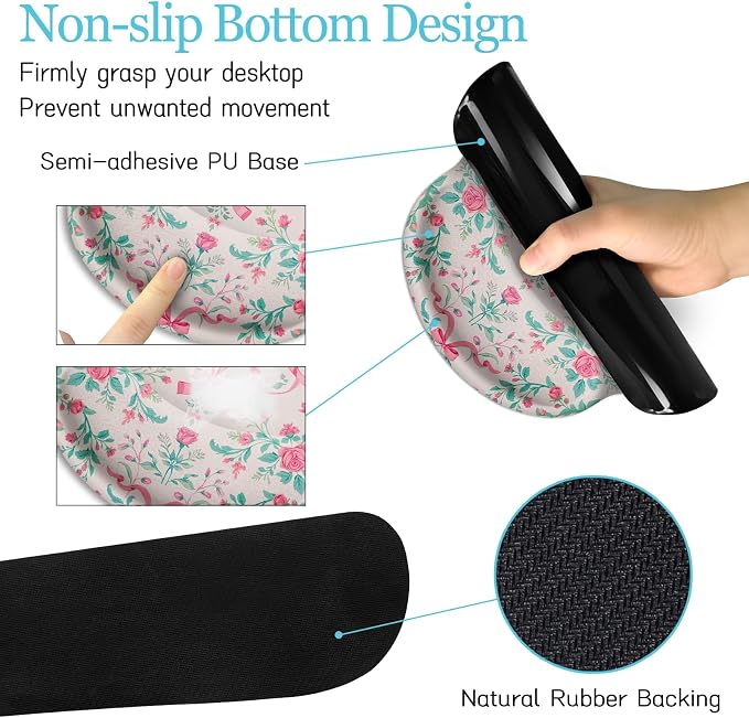 LIMKRIAN Pink Bow Floral Mouse Pad Set, XXL Large Desk Mat with Stitched Edges, Ergonomic Mouse Pad with Gel Wrist Rest & Keyboard Rest, Cup Coaster, Cute Gaming Office Desk Decor for Women Girls